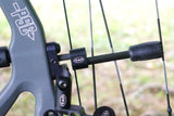 Close-up of a titanium string stop for archery bow installed on a PSE bow, showcasing its durable design and precise function