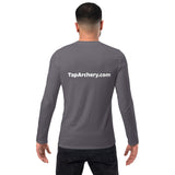 Men's fitted long sleeve shirt featuring a white TAP logo and back print, perfect for archery apparel for men