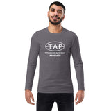 Gray TAP Fitted Long Sleeve Shirt featuring a white logo, ideal archery apparel for men