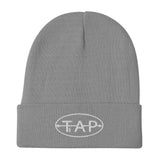 Gray TAP embroidered beanie for archery enthusiasts with a white logo