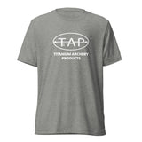 Gray TAP fitted t-shirt featuring front and back printed archery t-shirt design for archery enthusiasts