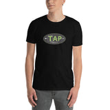 TAP logo short-sleeve t-shirt in black with original full color logo by Titanium Archery Products
