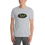 Gray TAP logo short-sleeve t-shirt showcasing a vibrant full-color logo on front